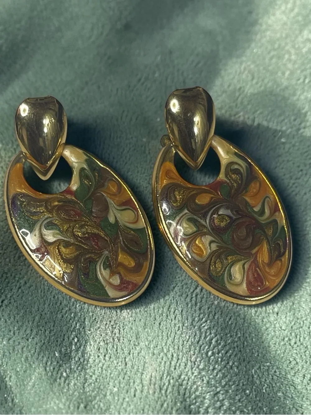 Vintage Gold Tone Marbled Enamel Door Knocker Earrings Fall Colors